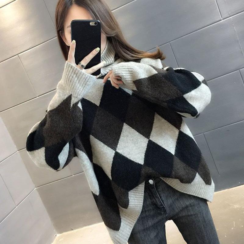 High Neck Sweater with Thickened and Loose Fit for Outerwear Korean Version Diamond Pile Collar Popular Pullover