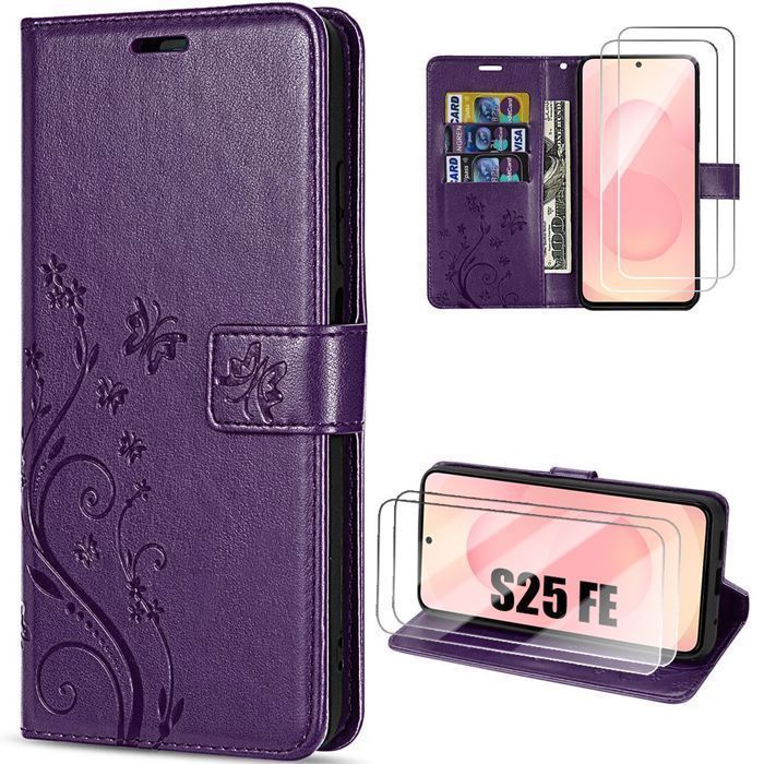 Coque de Protection - BOOLING - pour Samsung Galaxy S25 FE - Violet Motif Plante - 2 Verre Trempés