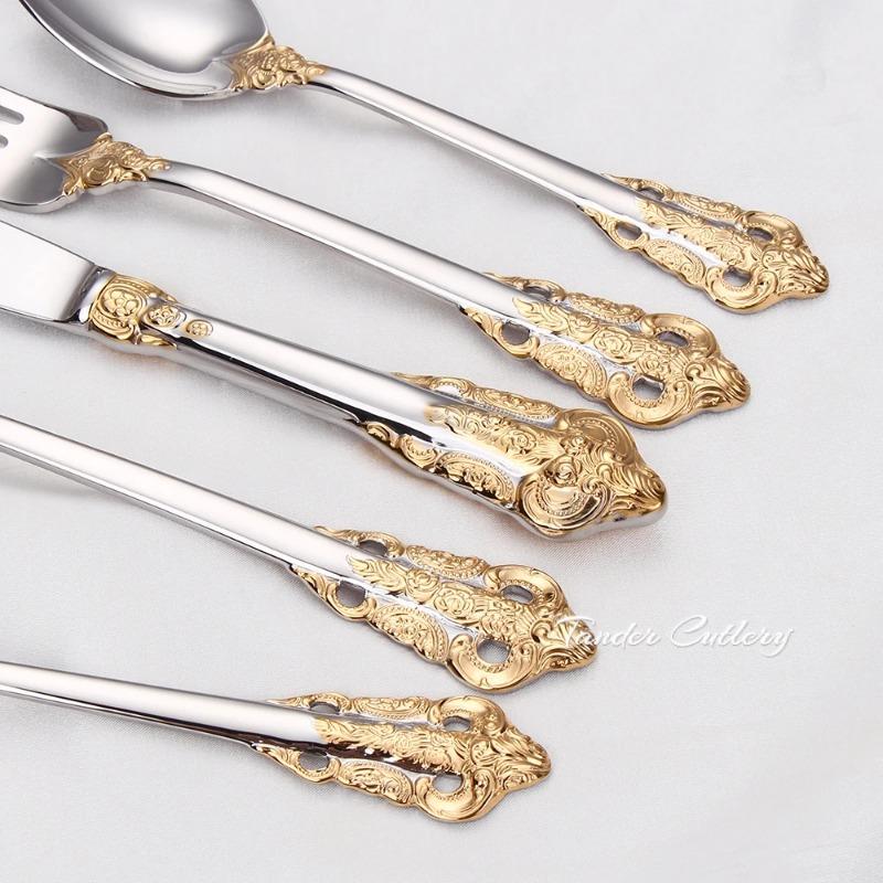 1 Pieces Luxury Gold Plated Cutlery Set Vintage Western Stainless Steel Tableware Wedding Engraving Dinnerware Knife Fork Spoon