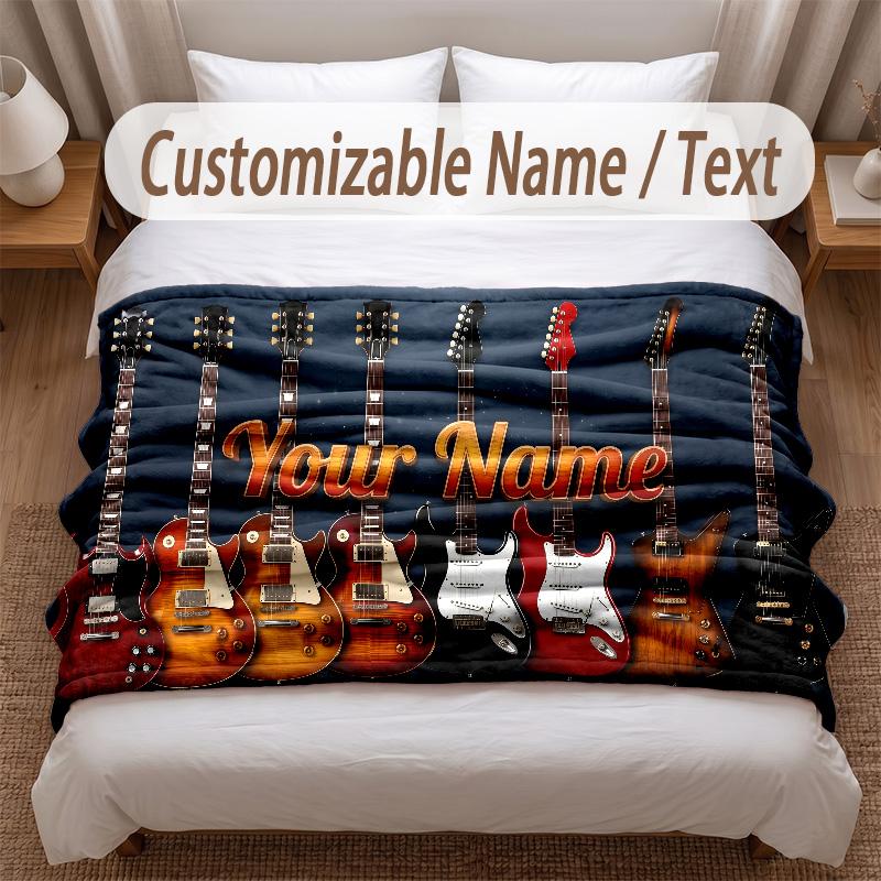 Music Guitar Theme Soft Blanket Personalized Custom Name Text Print Warm Blanket Home Sofa Bedroom Decor