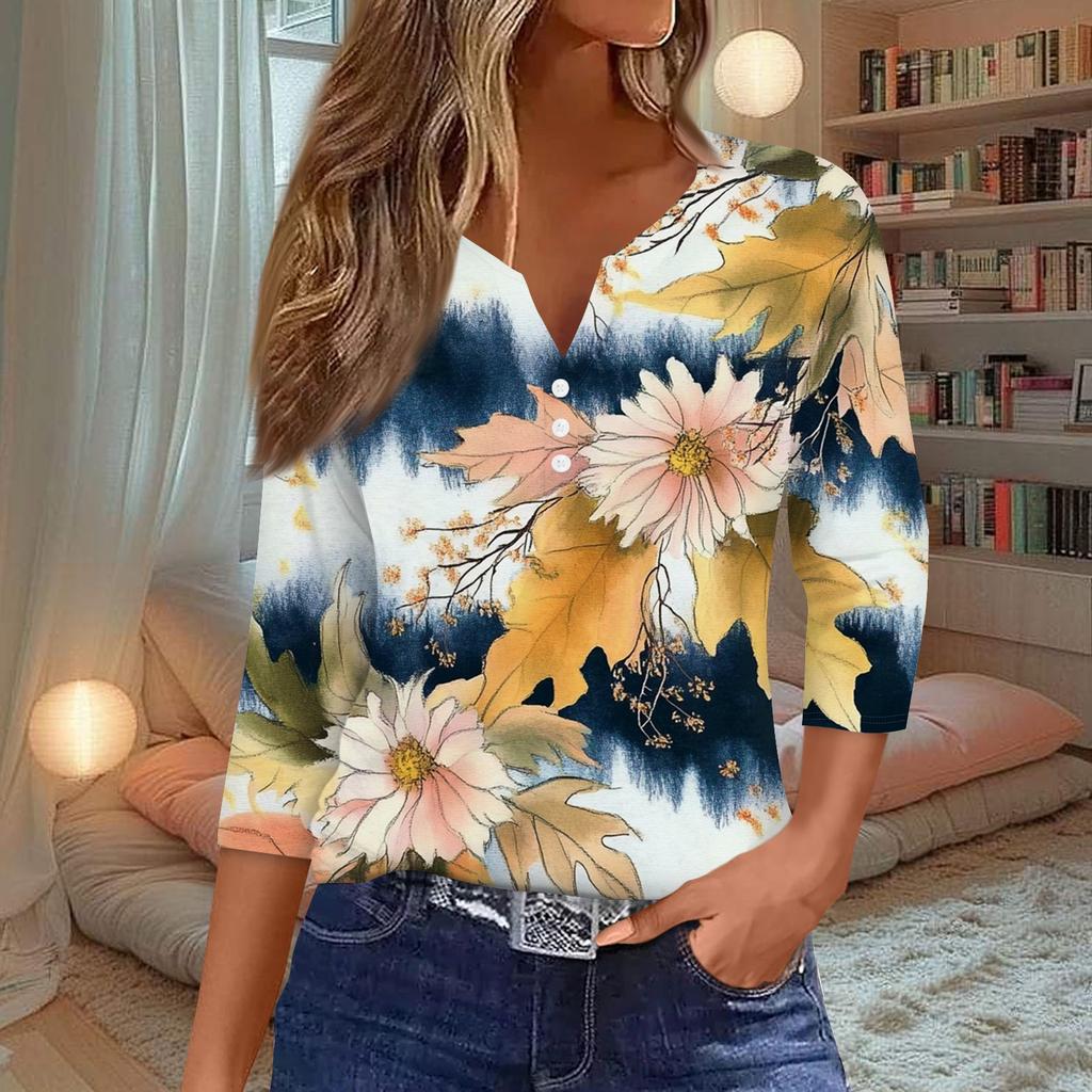Women's T Shirt Tee Print Button 3/4 Sleeve Daily Weekend Fashion Basic V Neck Regular Top