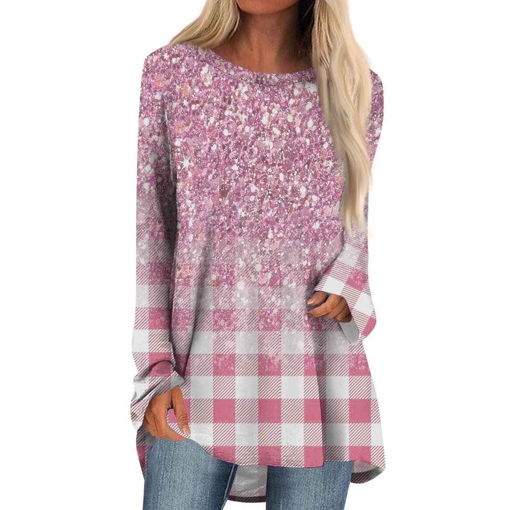 Women's Fashion Casual Long Sleeve  Print Round Neck Pullover Top Blouse