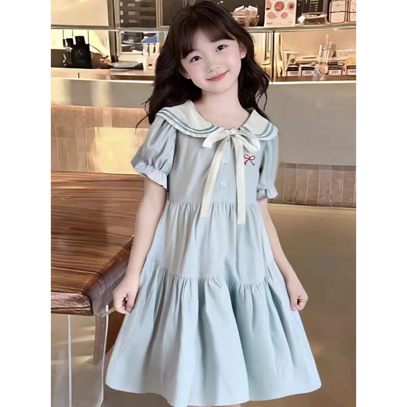 Girls Navy Collar Short Sleeve Dress Preteen Academic Princess Skirt For Students