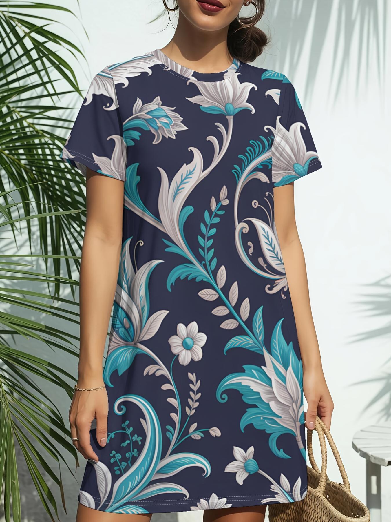 

Women s Dark Floral Wallpaper T-Shirt Dress - Short Sleeve Crew Neck Short Dress with Round Neck. Regular Fit Casual Blouse Dress Suitable for Daily W L дубильна кора