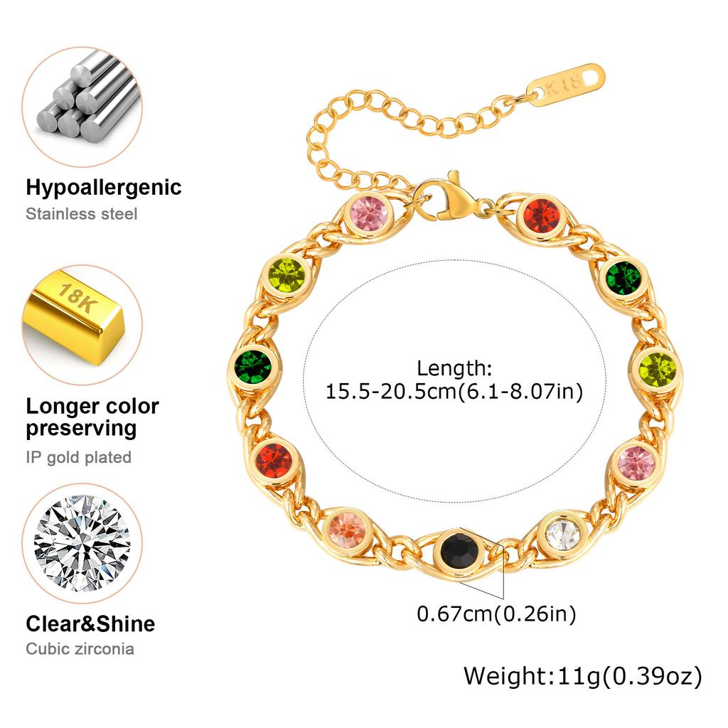 Vnox Colorful Bejeweled Bracelets For Women Dainty Natural CZ Stone Stainless Steel Chain Bracelets Luxury Jewelry Gift To Mom
