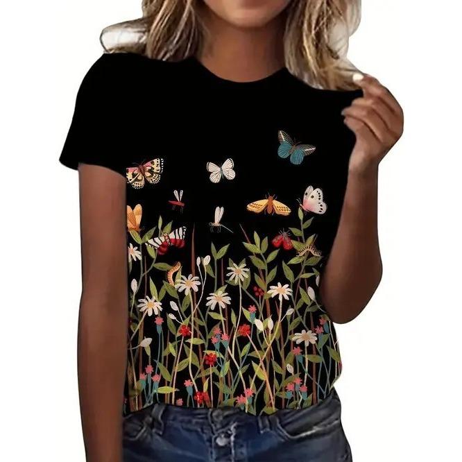Summer Round Neck 3D Flower Butterfly Pattern Print Top Fashionable Casual Retro Short Sleeved Women's T-shirts