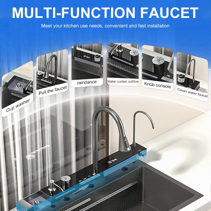 Large Single Bowl Kitchen Sink: 304 Stainless Steel Digital Display with Nano Honeycomb & Waterfall Features