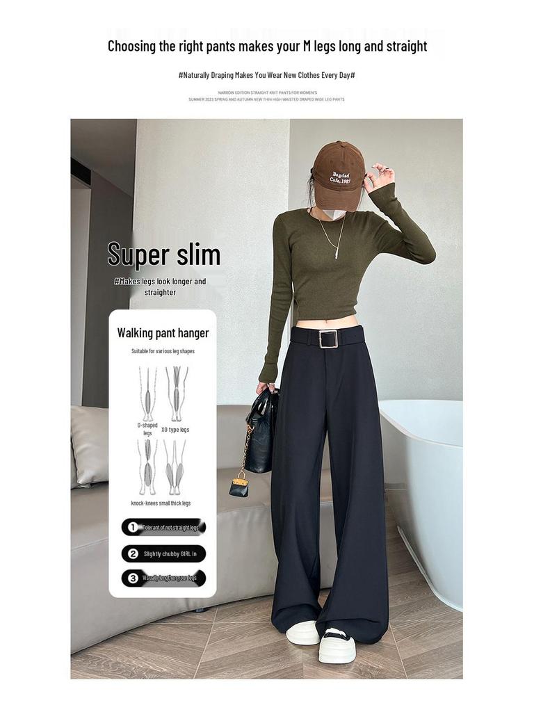 Women's Retro Minimalist Wide-Leg Khaki Suit Pants with Old Money Style Leather Belt