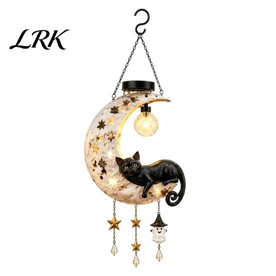 Hanging Resin Owl Moon Lanterns Solar Owl/Cat Light, Outdoor Garden Wind Chime with LED Powered Lawn Decoration Lamps Waterproof Decorative Lamp, Auto