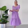 2024 Summer Women's Square Neck Puff Sleeve Polka Dot Cinched Waist Long Dress