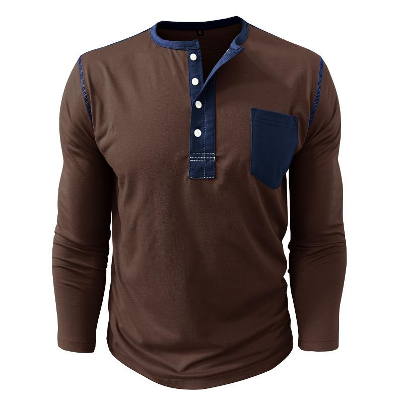 Mens Contrast Color Pocket Long Sleeve Crew Neck Henley Casual T Shirt