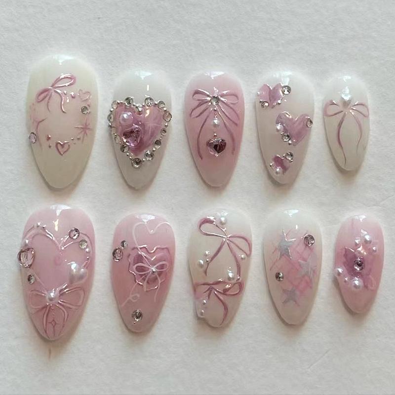 24PCS Pink Star Bow Press On Nail Gentle Blush French Almond False Nail with Pearl Diamonds Design Wearable Sweet Fake Nail Tips