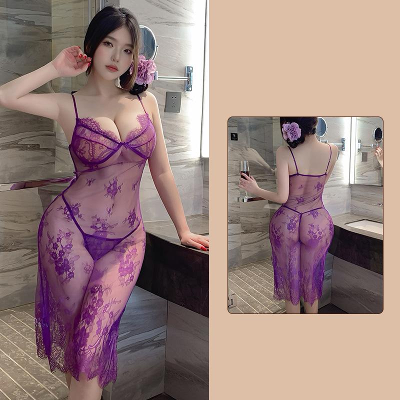 Sexy and provocative purple camisole pajamas with small chest and lace slit long skirt sexy costumes woman hot hot lingerie xxx