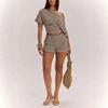 2026 Womens Striped Slim Fit Off-Shoulder Short Sleeve Top High-Waisted Shorts 2-Piece Casual Set