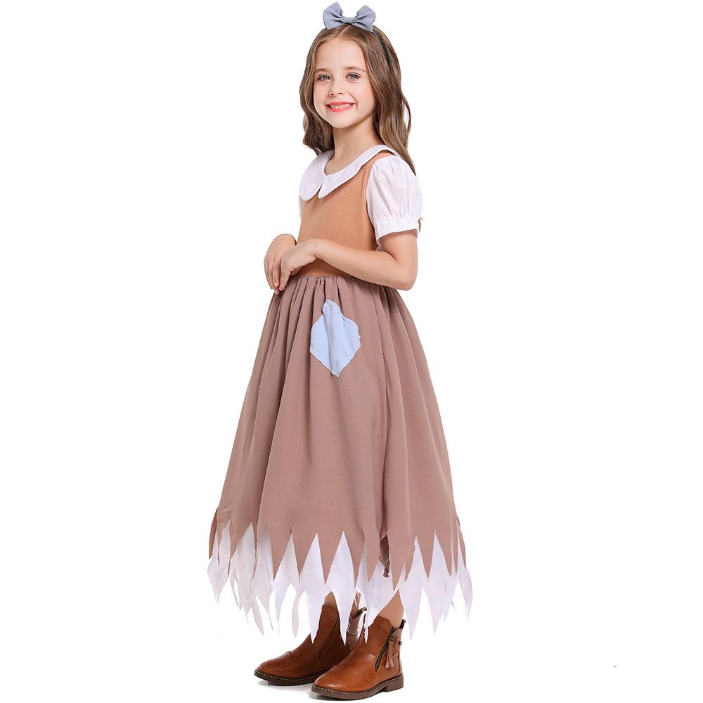 Kids Girls Children's Day Poor Maid Dress Hairband Sets Cosplay Costume Stage Performance Pastoral Farm Frence Lolita Dress Up Halloween Outfit