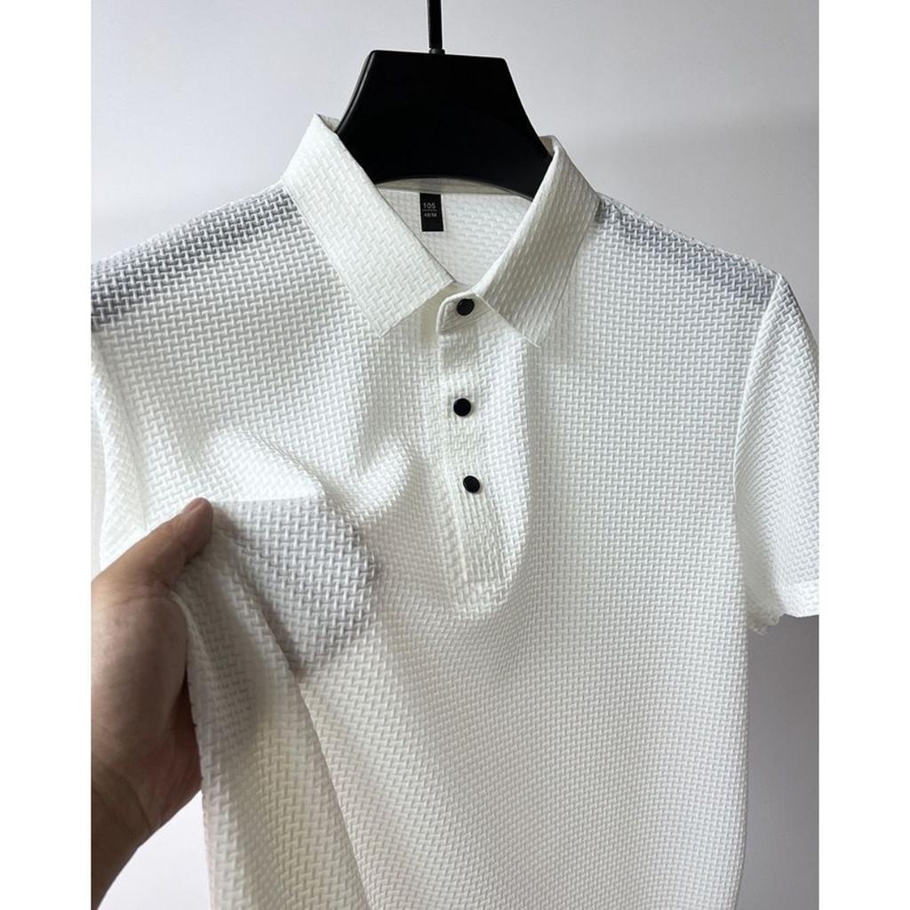 Men's Ice Silk Fiber Shirt - Breathable Short Sleeve Geometric Pattern Button Neck Casual Top, Summer Regular Version Daily Men's Top | Classic Shirt