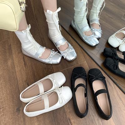 Retro French White Square Head Flat-soled Single Shoes Summer Shallow Mouth with Skirt Ballet Mary Jane Shoes