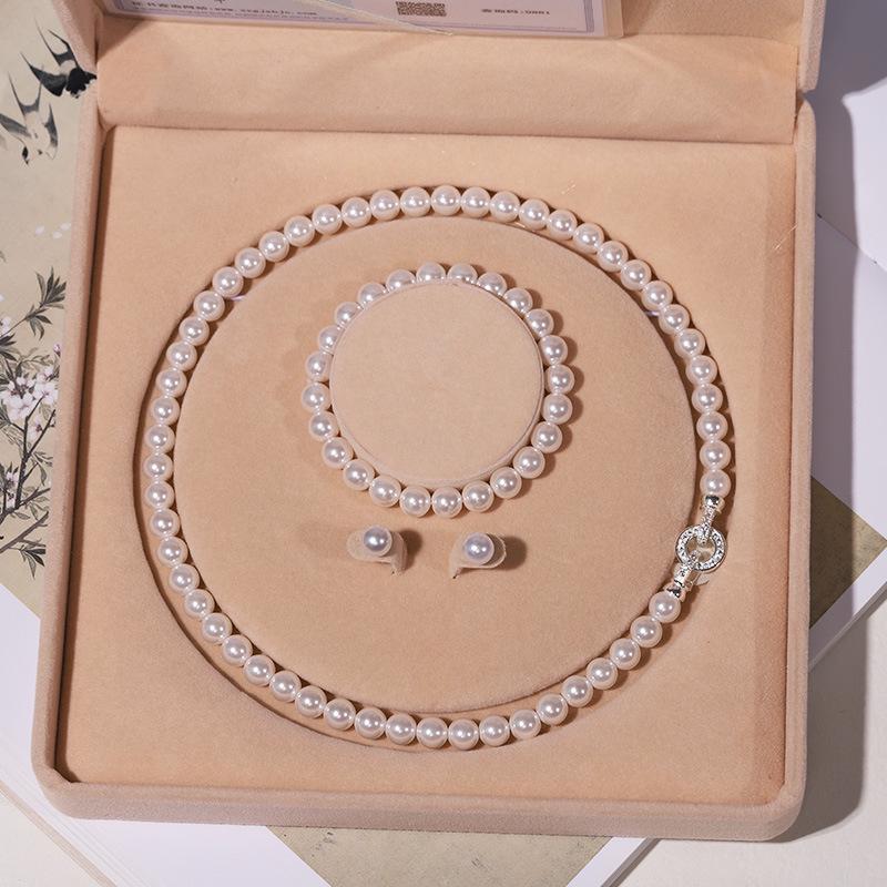 Natural Deep Sea Shell Pearl Necklace & Bracelet Set - Three-Piece Round Choker for Women
