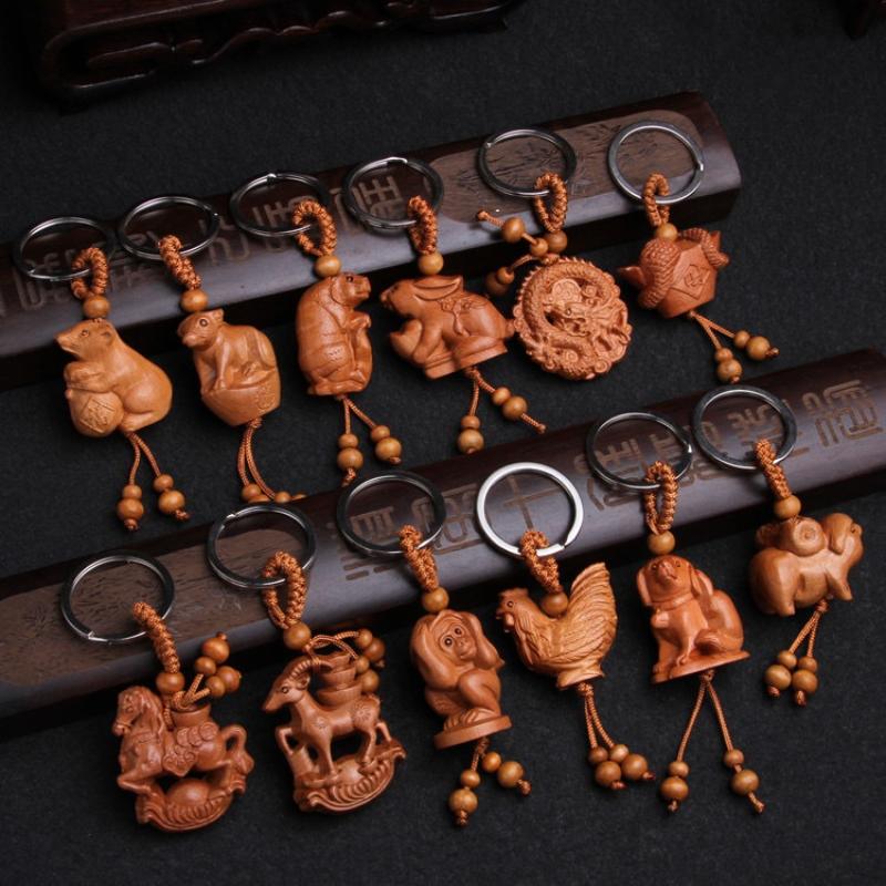 Animal Creative Fengshui Ethnic Lucky Mascot Gift Car Key Ring Chinese 12 Zodiac Keychain Engraving Wood Keyring