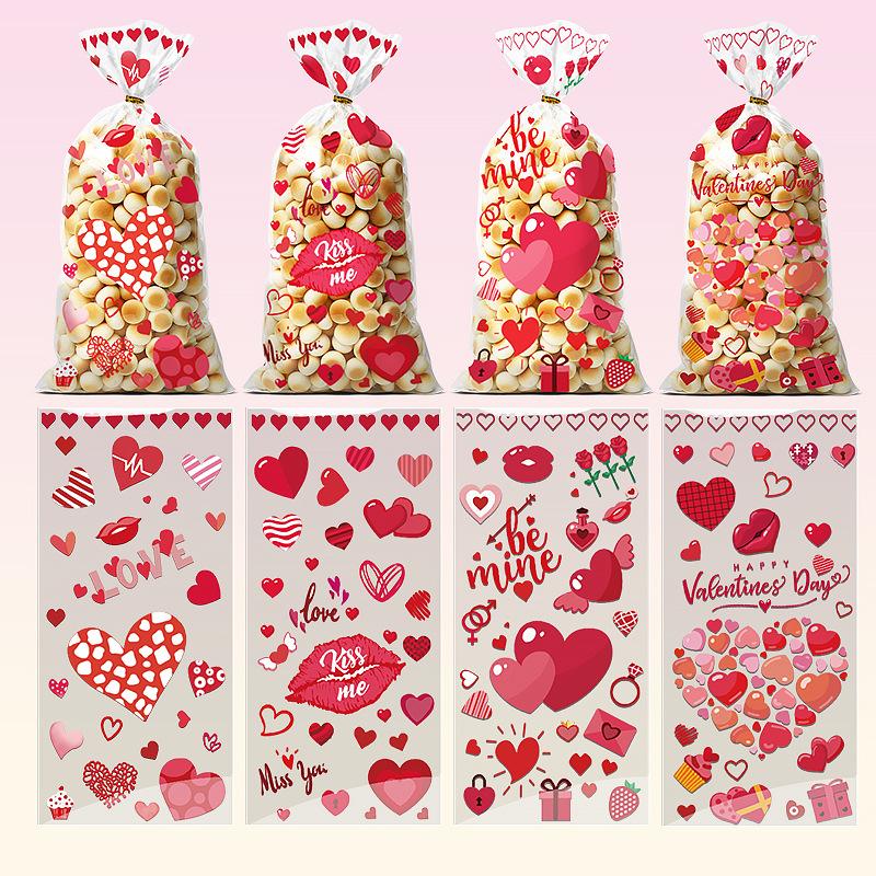 50/100pc Valentine's Day Cartoon Pattern Heart-shaped Transparent Glass Paper Bag Valentine's Day Happy Party Packaging Supplies