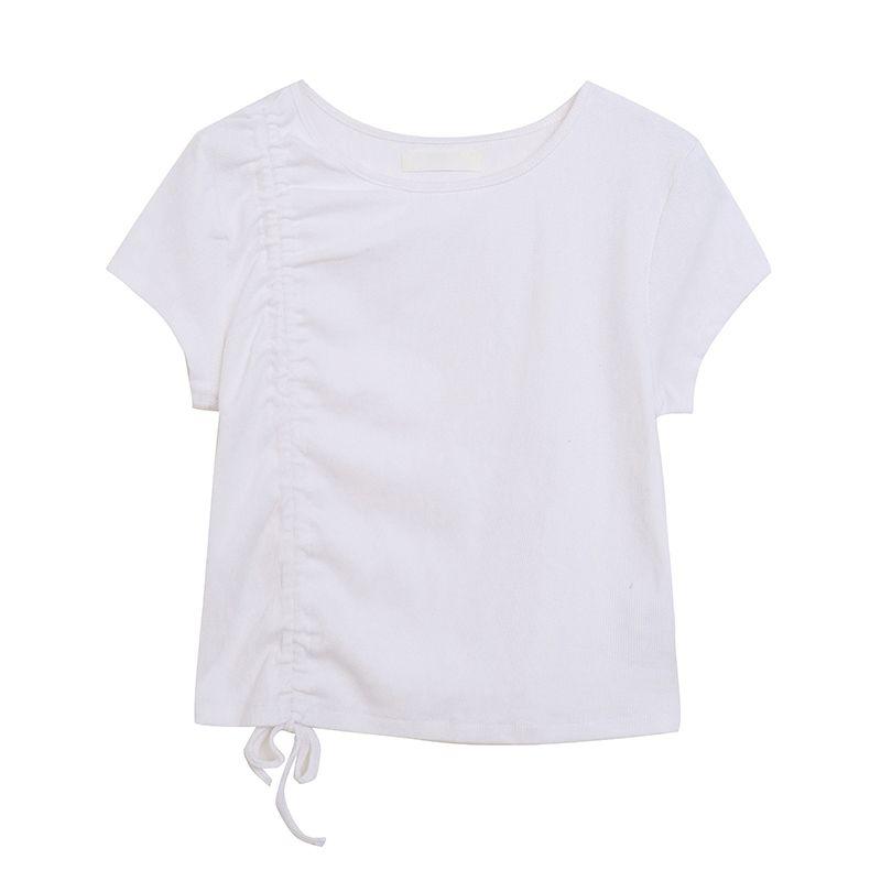 

American SIMPLE ~ Side Drawstring Solid Cotton round Neck Short sleeve T-shirt Women Short Thread Knitted Gyaru Shirt Stretch Slight White XS