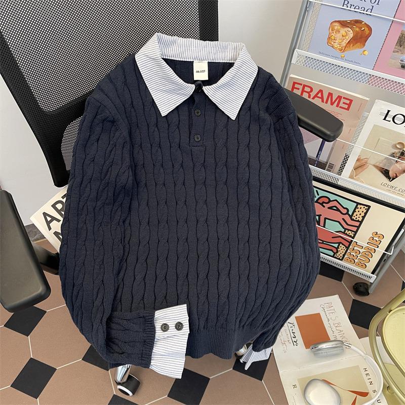 

Men s Two-Piece Striped Patchwork Cable Knit Polo Sweater - Old Money Style Clean Fit. M темно-синього кольору
