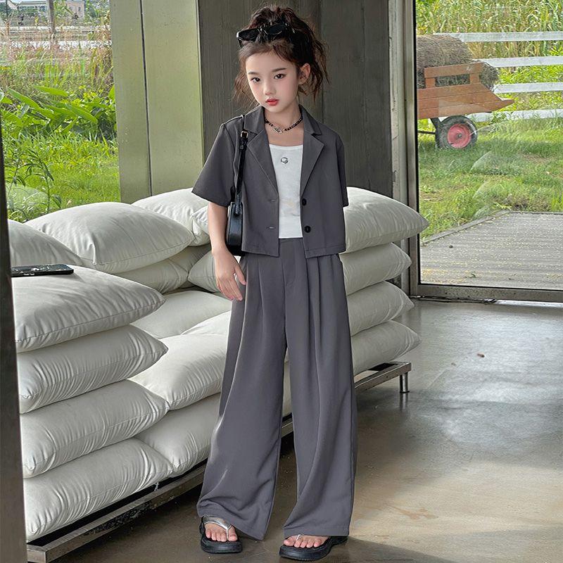 Summer Girls Suit Casual Short Sleeve Jacket Wide Leg Pants 2 Piece White Teen Children Clothing Set School Kids Outfits 10 12 Y