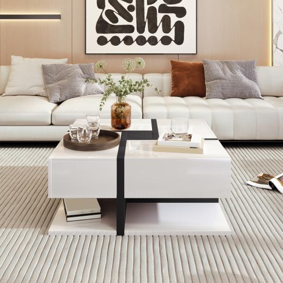 Wood Center Table High Gloss Coffee Table with 4 Drawers Unique Tea Color Coordination And Line Design Storage Space Below