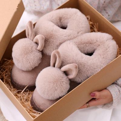 Herbst Winter Baumwolle Hausschuhe Fell Kaninchen Hause Warm Dicken Boden Innen Baumwolle Schuhe Frauen Hausschuhe Niedliche Flauschige Katze Hausschuhe