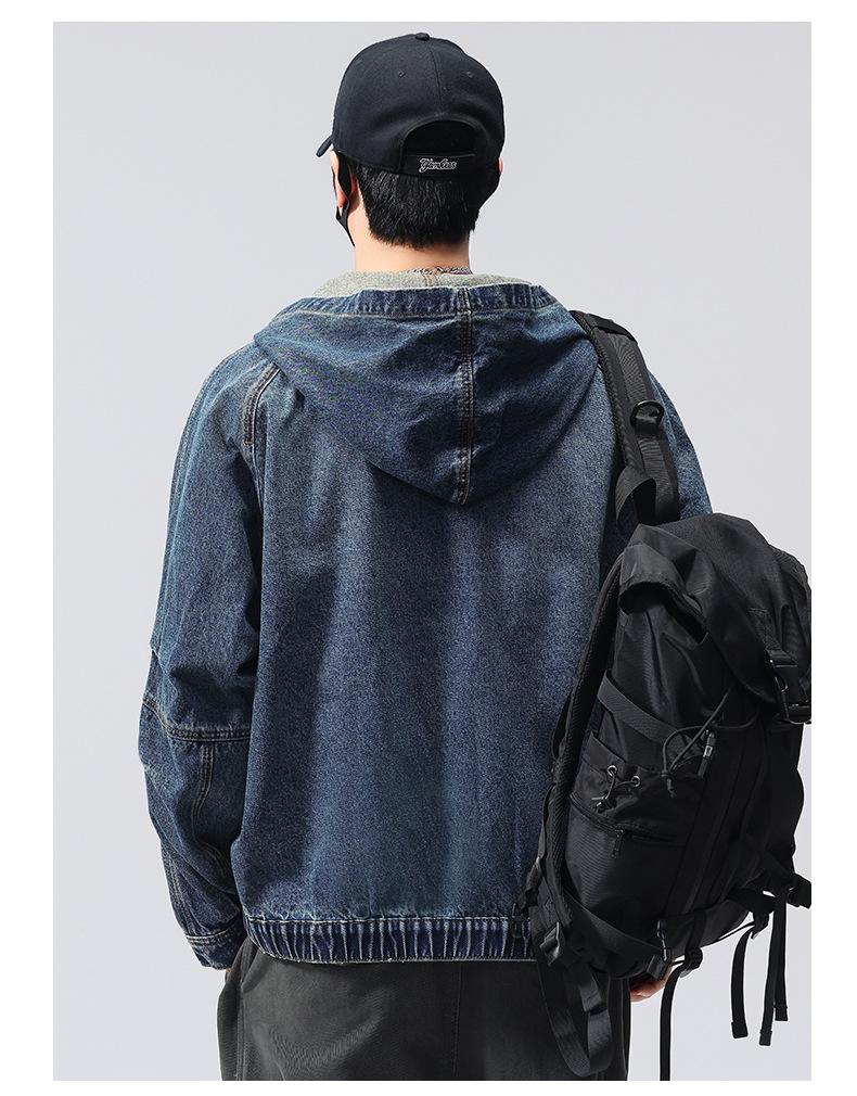 Men's Trendy Retro American Stand Collar Denim Jacket - Loose Fit, High-Quality, Solid Color for Spring and Autumn.