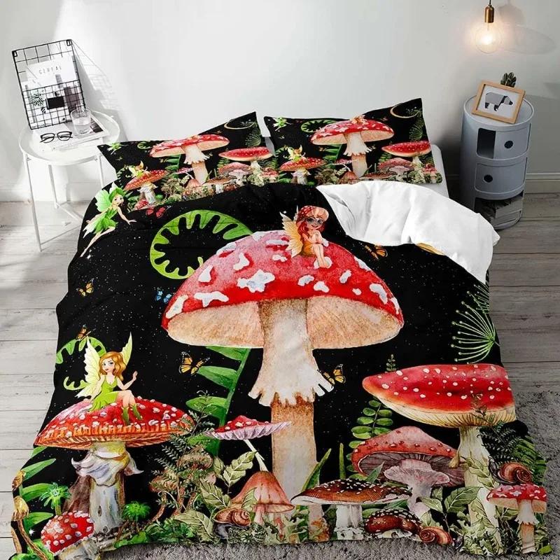 Aesthetic Boho Duvet Cover Full,3PCS  Bedding Set,Green Plant Botanical Fungus Beige Comforter Bedspread Quilt Cover
