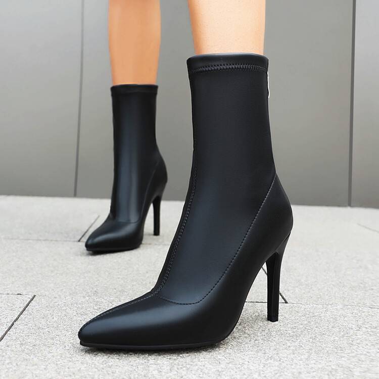 Strong autumn and winter new classic black pointed thin heel thin short boots temperament high heel elastic boots