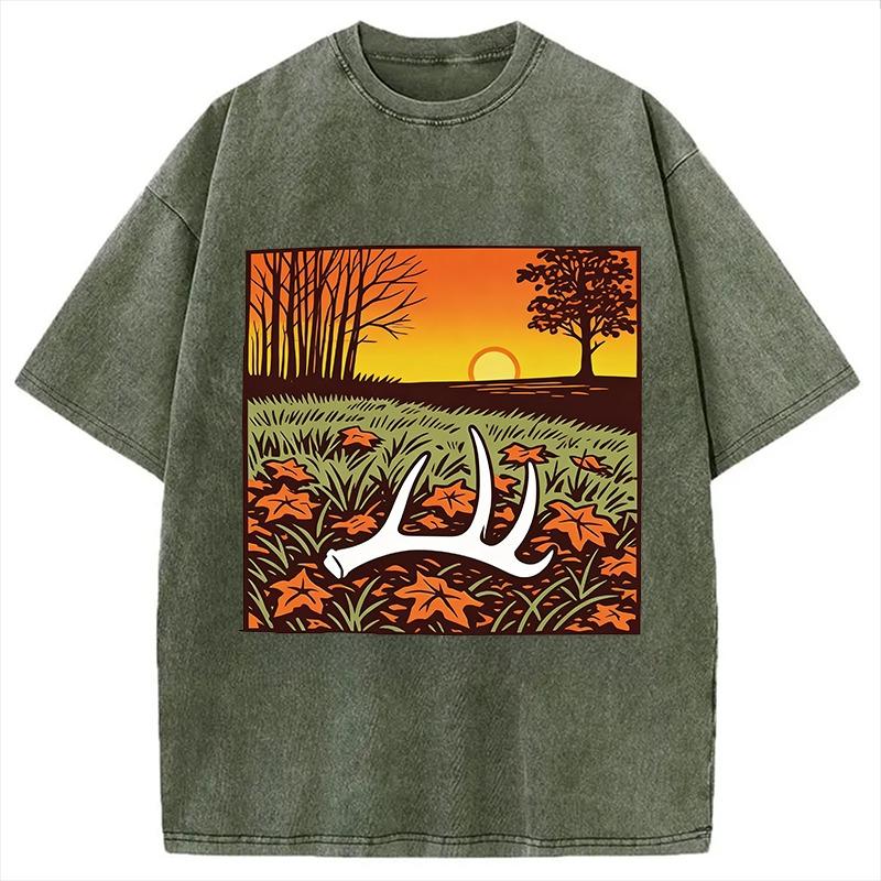 Vintage Hunting Season Washed T-Shirt with Antler Fall Sunset Graphic Summer Cotton Short Sleeve Harajuku Tunics