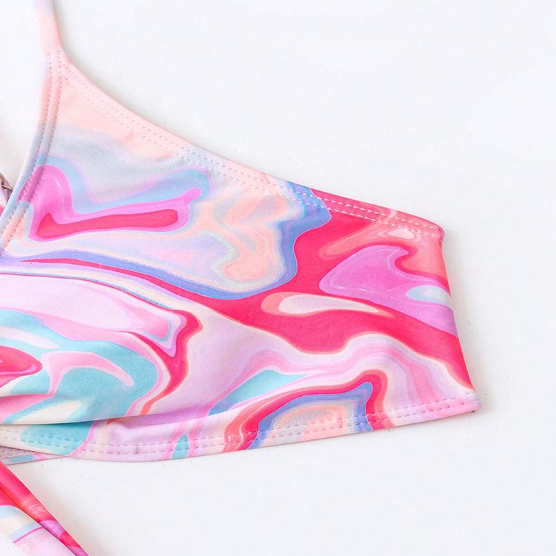 2024 European & American Lace-Up Print Bikini Set with Mesh Skirt