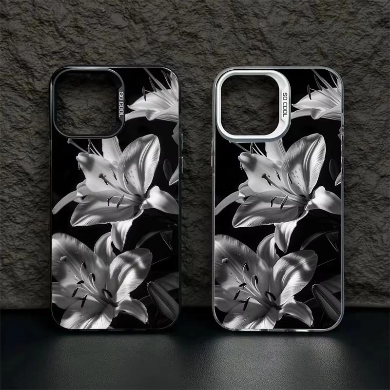 Black and White Lily Floral Pattern Phone Case For iPhone 17 Air 16 Pro Max XS X XR 17E 16E 16 Plus 15 14 13 12 11 Matte Cover