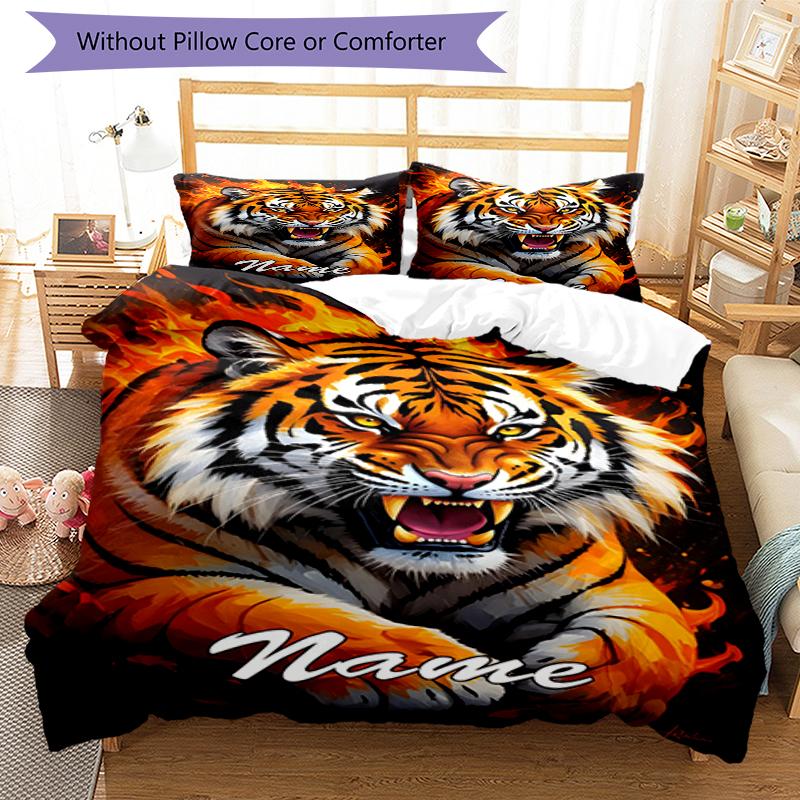 3pcs Custom Name Tiger Bedding Set Duvet Cover Closure Includes 1 Duvet Cover & 2 Pillowcases, Soft and Comfortable for All Seasons.