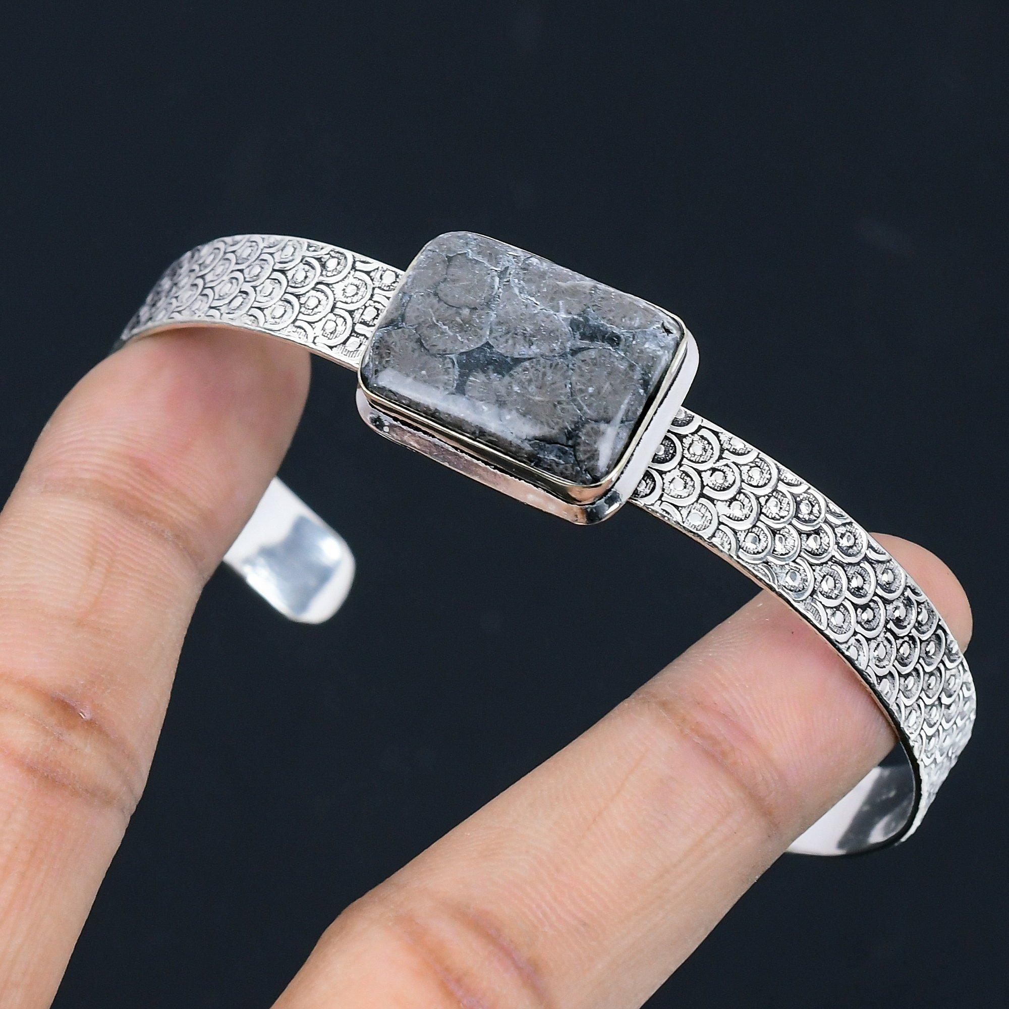 

Root Chakra Natural Black Fossil Coral Birthday Trendy Bangle Sterling Silver Adjustable