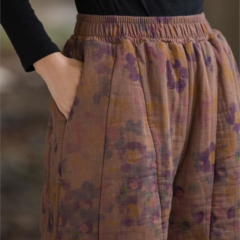 Johnature Women Vintage Print Floral Winter Pants Elastic Waist Pockets Trousers Warm Bloomers Pants