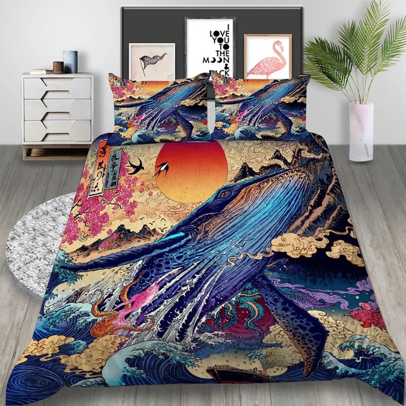 Japanese Geisha King Queen Duvet Cover Red Woman Bedding Set For Kids Teens Adults Koi Fish Eastern Culture 2/3Pcs Quilt Cover