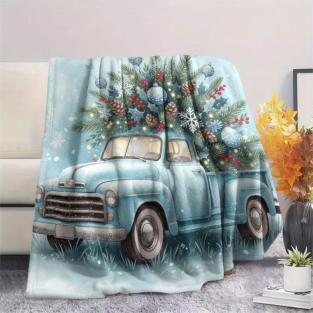 1Pc Seasons truck Print Flannel Blanket, High quality Comfortable for All Seasons, Home Decor, Warmth and Comfort, Perfect for Christmas Gifts