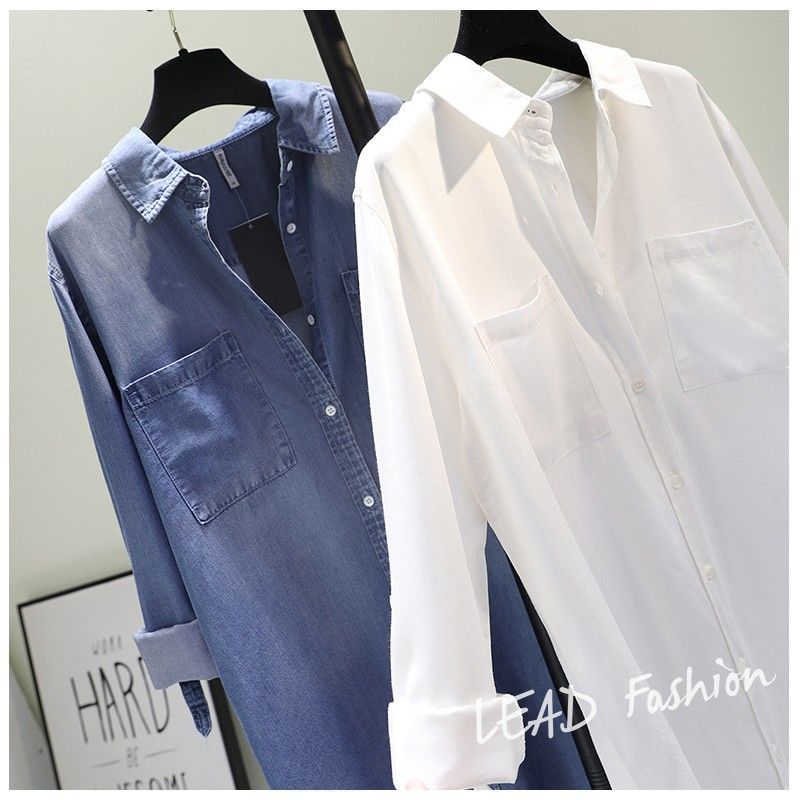 Spring Women's Clothing Shirt Medium Long Containing Cotton Shirt Loose Fit Long Sleeve Double Pocket Rolled Sleeve Thin Blouse