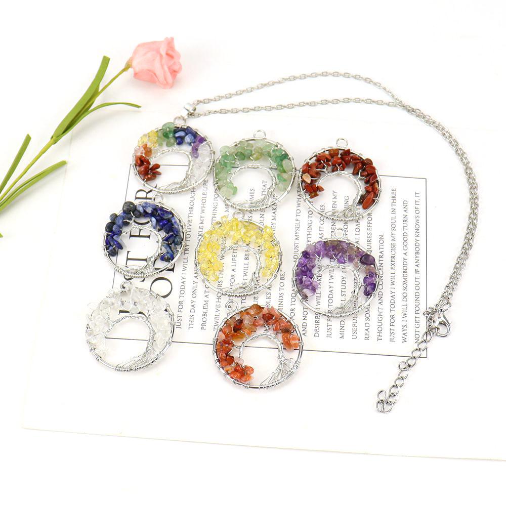 Silver Hand-Wound Colorful Crystal Gravel Curved Tree Of Life Pendant Necklace N111