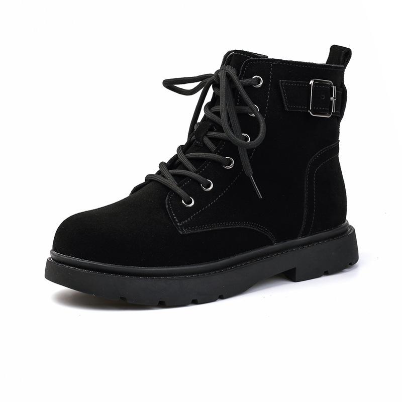 New Martin women's British frosted leather women's medium heel flat short women's lace-up leather