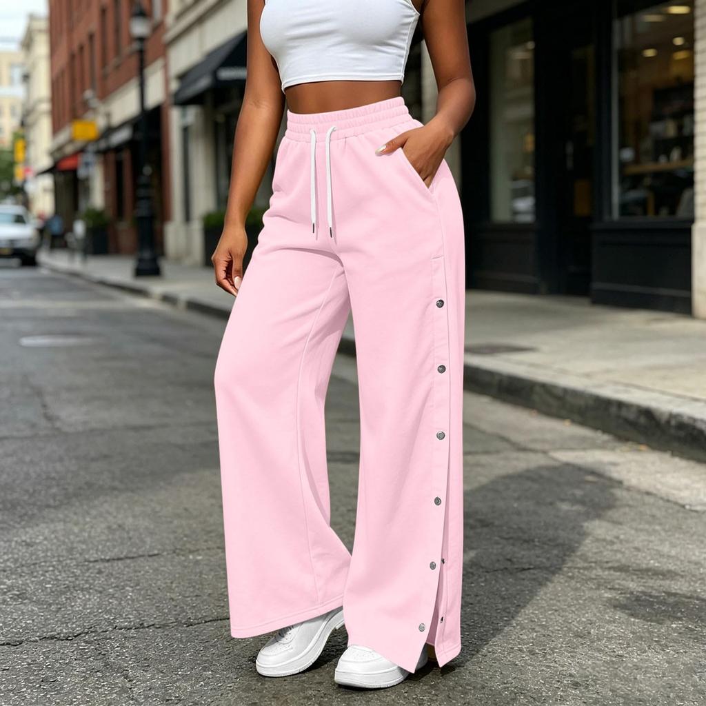 Women's Casual Color Wide Leg Pants with Side Buttons Loose Fit Trousers for Everyday Wear
