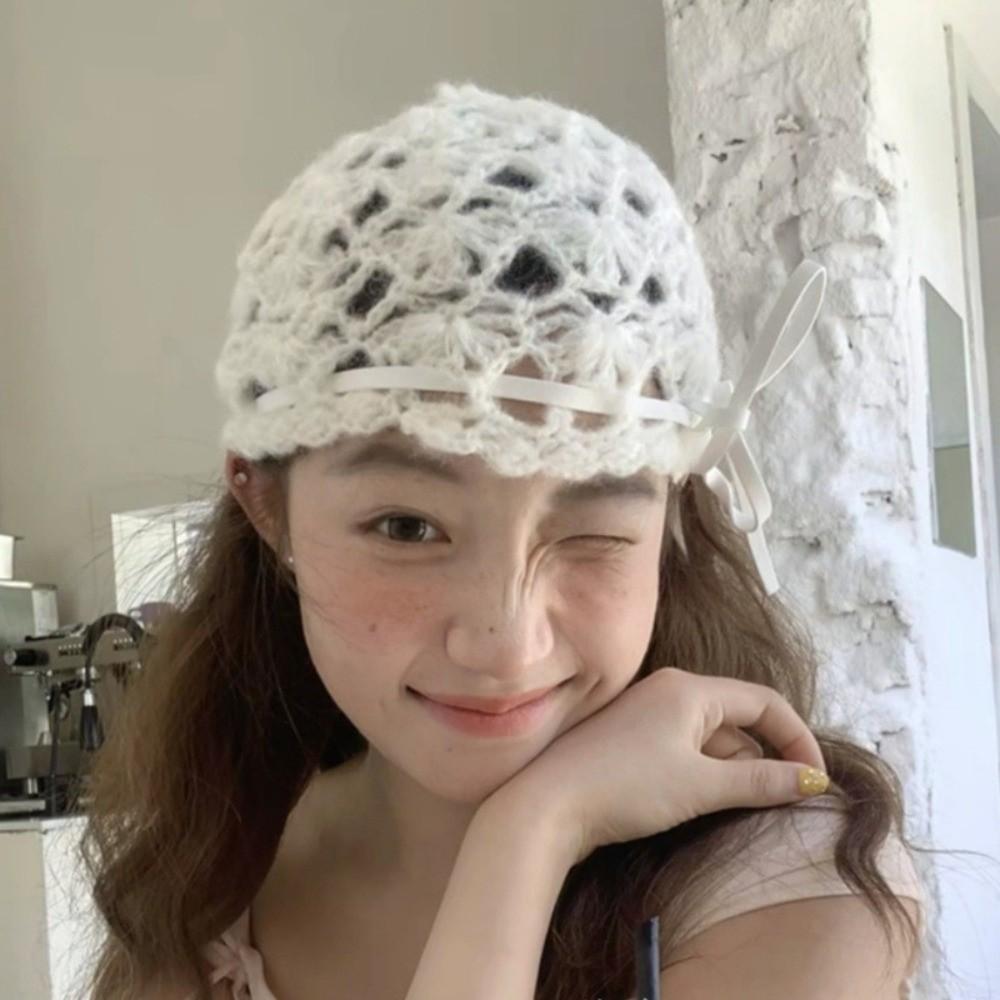 Bohemian Style Crochet Hollow Knitted Hat Bow Ethnic Style Hat Weave Cap  Apparel Accessories