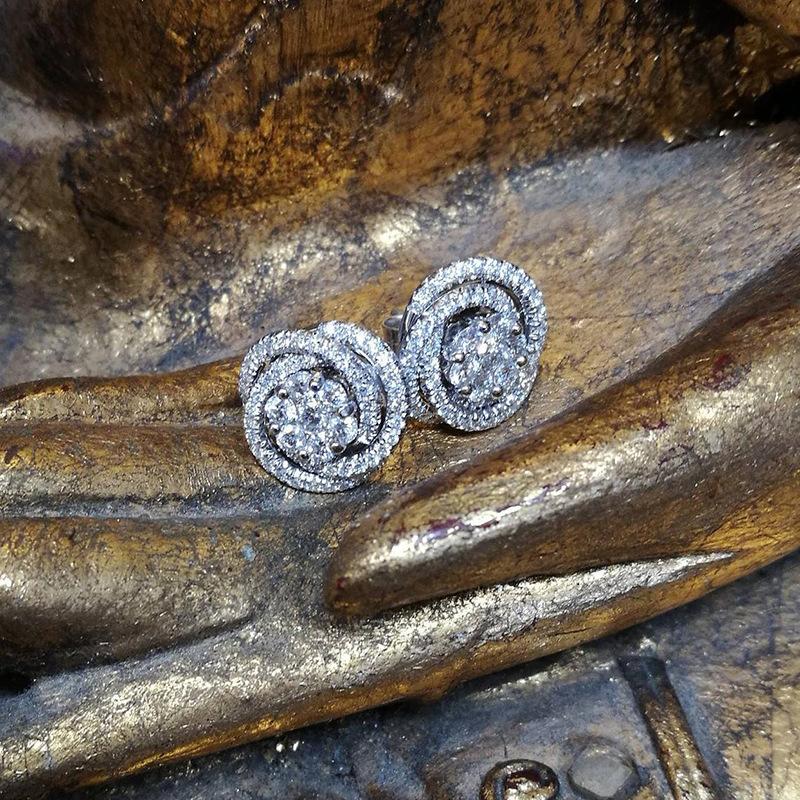 Double Layer Spiral Floral Full Paved Round Cubic Zirconia Post Stud Earrings