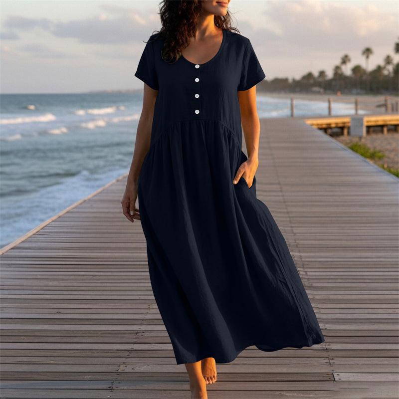 Women's U-Neck Button Front Short Sleeve Linen Maxi Dress Solid Color Casual Summer
