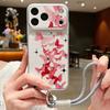 Pink Butterfly Leather Lanyard Case For iPhone 18 Pro Max 17 16 15 14 13 Pro Max Luxury Hybrid TPU+PU Anti-skid Soft Phone Cover