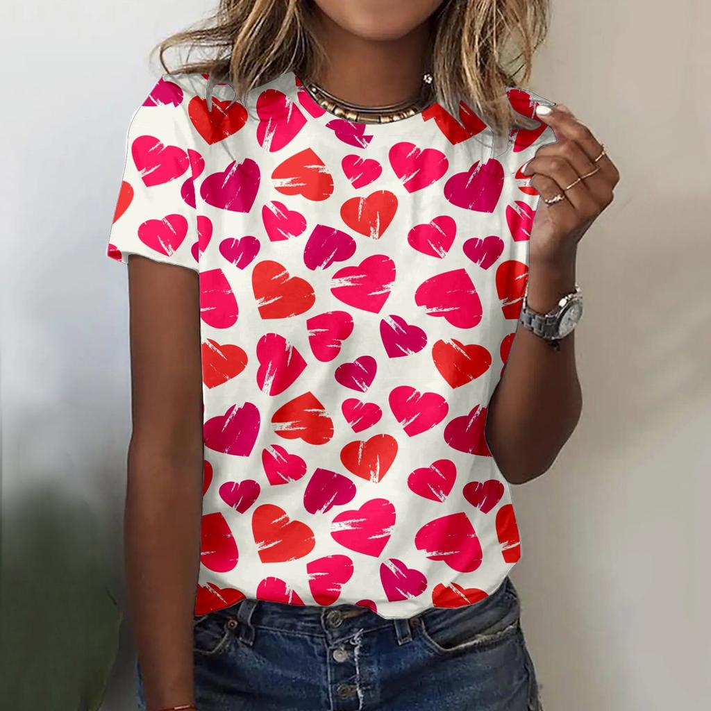 Summer Round Neck 3D Love Flower Print Top Fashionable Casual Short Sleeved Women's T-shirts