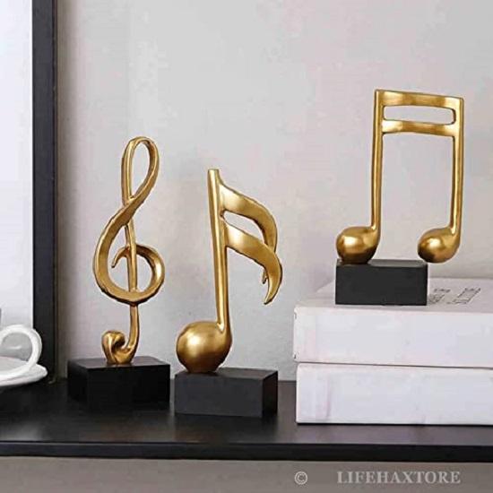 Golden Finish Musical Notes Statues | Beautiful Home Decor - (Pack of 3, Golden)